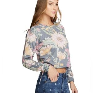 NEW CHASER Drawstring Shirred Long Sleeve Cropped Pullover Floral Top Size Small